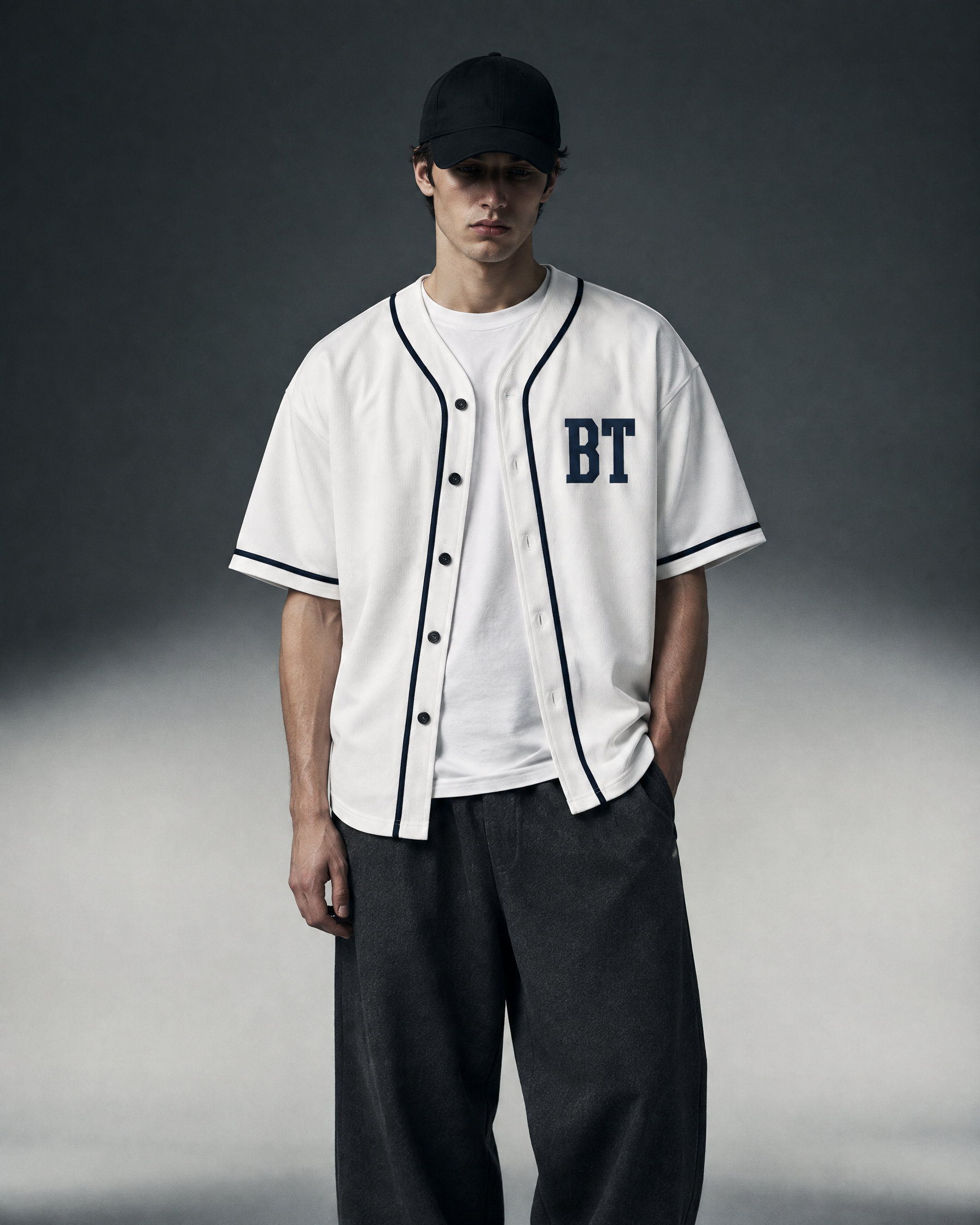 Model in the white Assembly Jersey with navy piping and BT monogram, over a white tee
