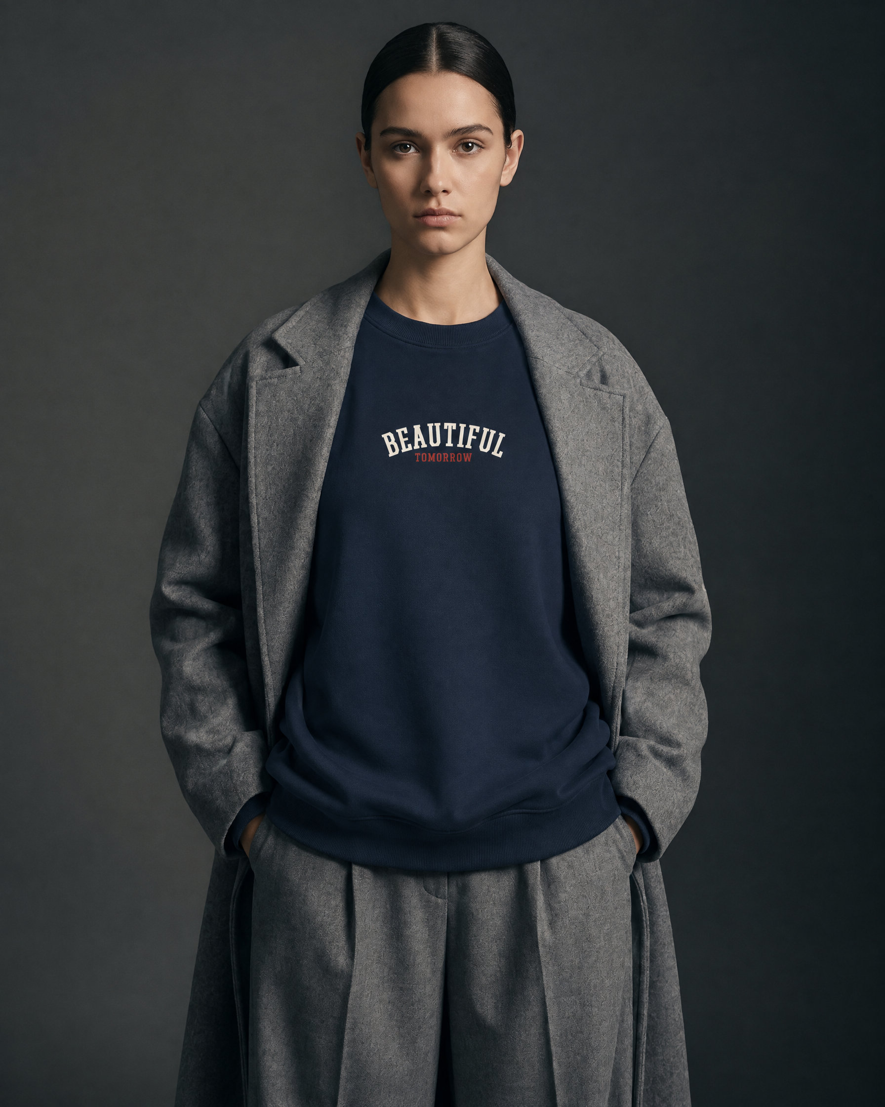 Model in the navy Varsity Crewneck with red TOMORROW lettering, under an open grey wool coat